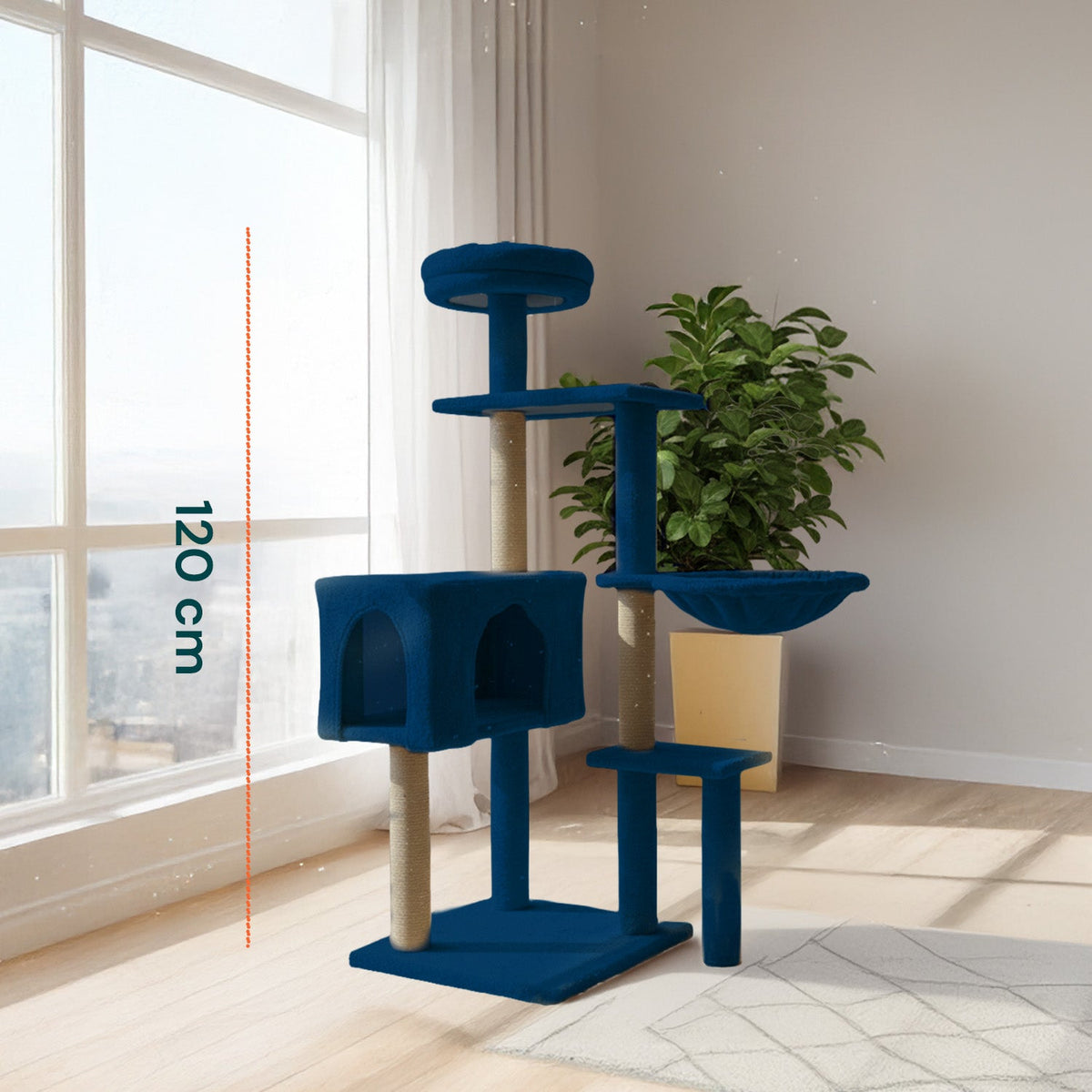 Tiragraffi per gatti 120 cm con cuccia e amaca multilivello