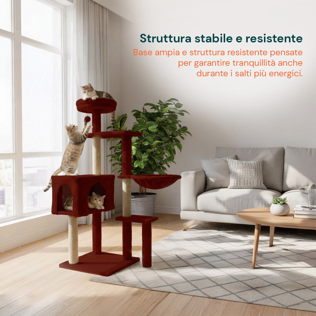 Tiragraffi per gatti 120 cm con cuccia e amaca multilivello