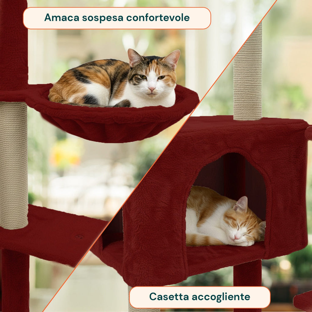 Tiragraffi per gatti 120 cm con cuccia e amaca multilivello