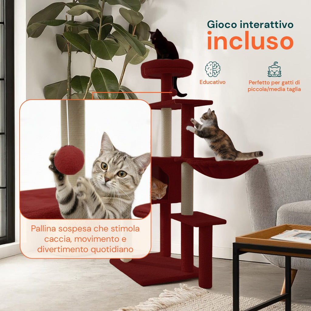 Tiragraffi per gatti 120 cm con cuccia e amaca multilivello