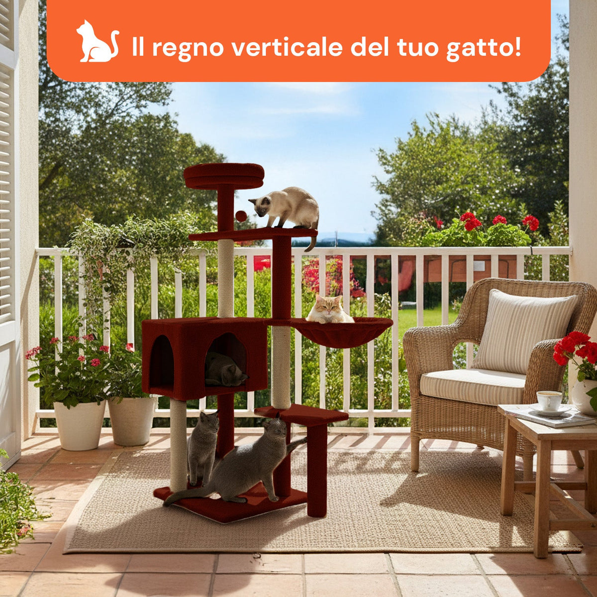 Tiragraffi per gatti 120 cm con cuccia e amaca multilivello