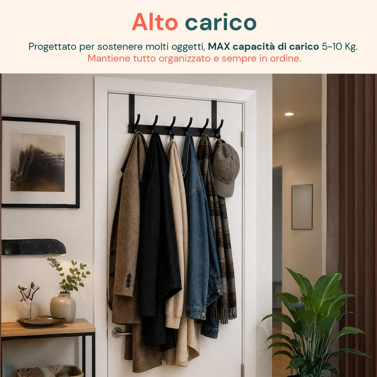Appendiabiti da Porta in Alluminio con 12 Ganci, Portata 10kg – Adatto per Porte con Spessore da 4,1-4,5 cm