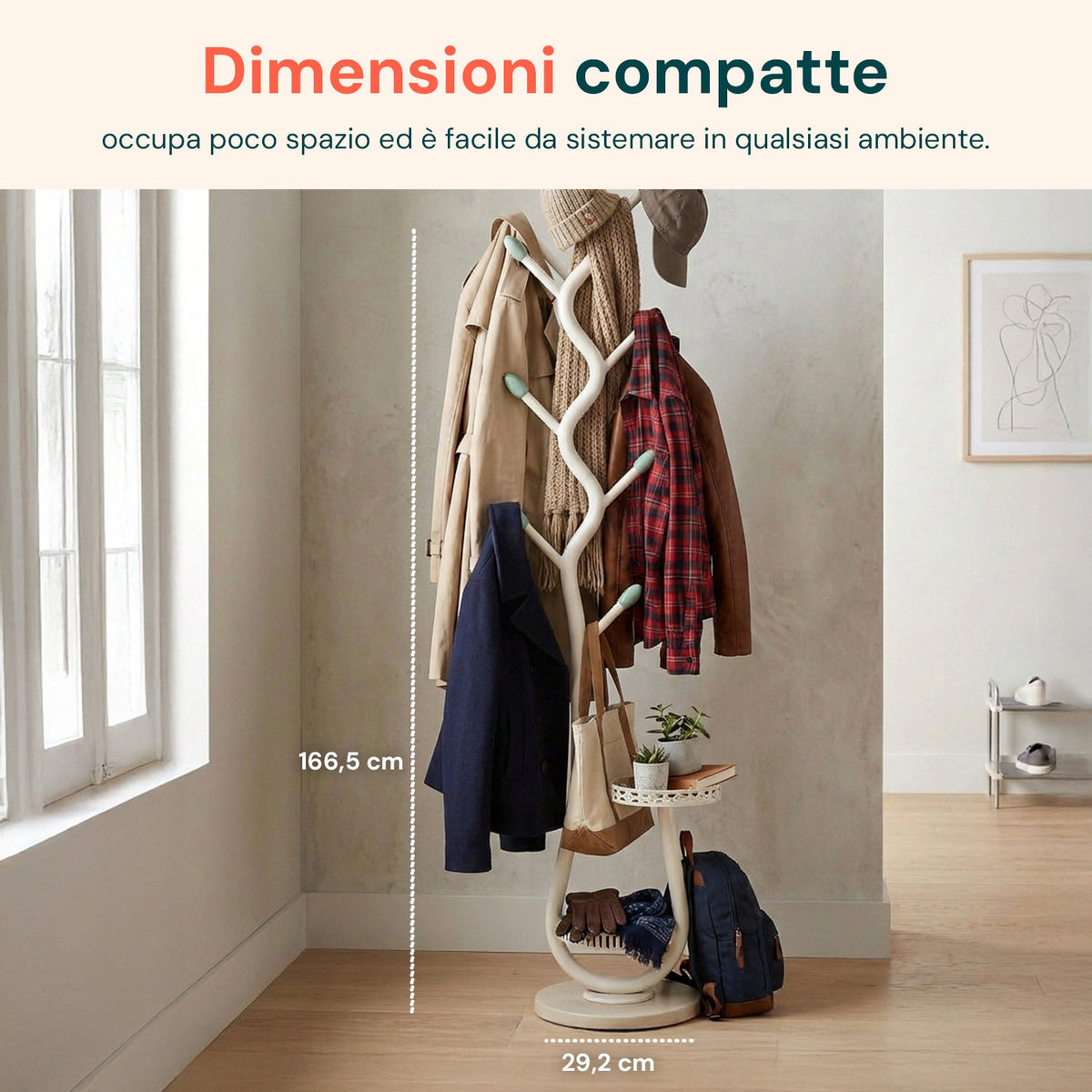 Appendiabiti Moderno in Metallo Bianco con 2 Vassoi Circolari Ø24 cm – Struttura Robusta e Salvaspazio - H 166,5 cm
