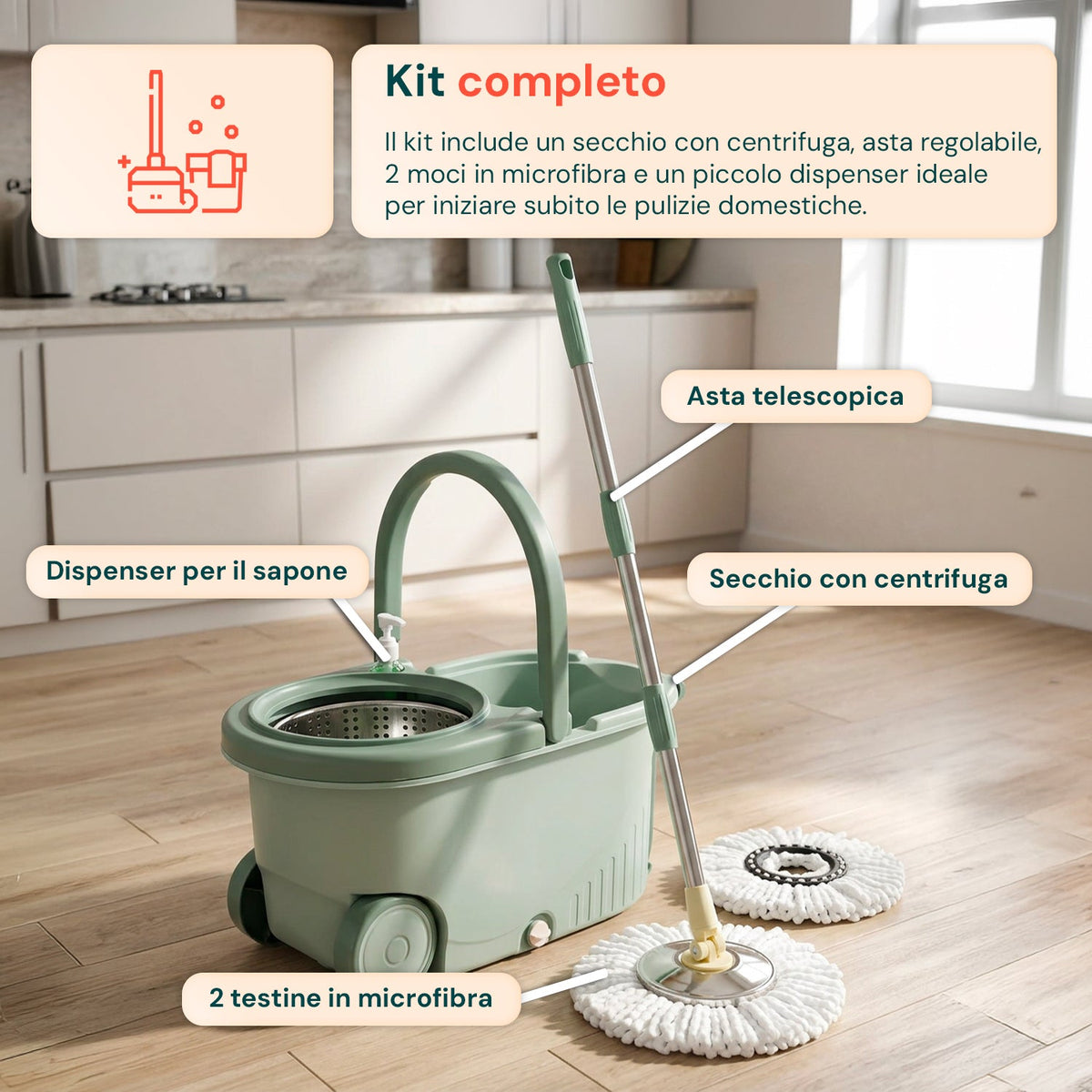 Kit Mocio Rotante 360° con Secchio 14L - 46x27x22cm e Centrifuga in Acciaio – Include 2 Testine in Microfibra, Dosatore Sapone e Asta Telescopica – Set Lavapavimenti Universale con Ruote e Scarico