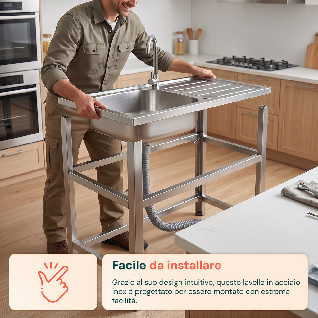 Lavello multifunzione in acciaio inox con fontana - Lavandino con vasca, gocciolatoio e doppia mensola - Reversibile Dx/Sx - 75x40x80 cm