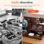 Organizer da Scrivania in Legno con Supporto Smartphone e Porta Orologi – Compreso di Alloggiamento per il Cavo di Ricarica – 25,5x15x18,5 cm