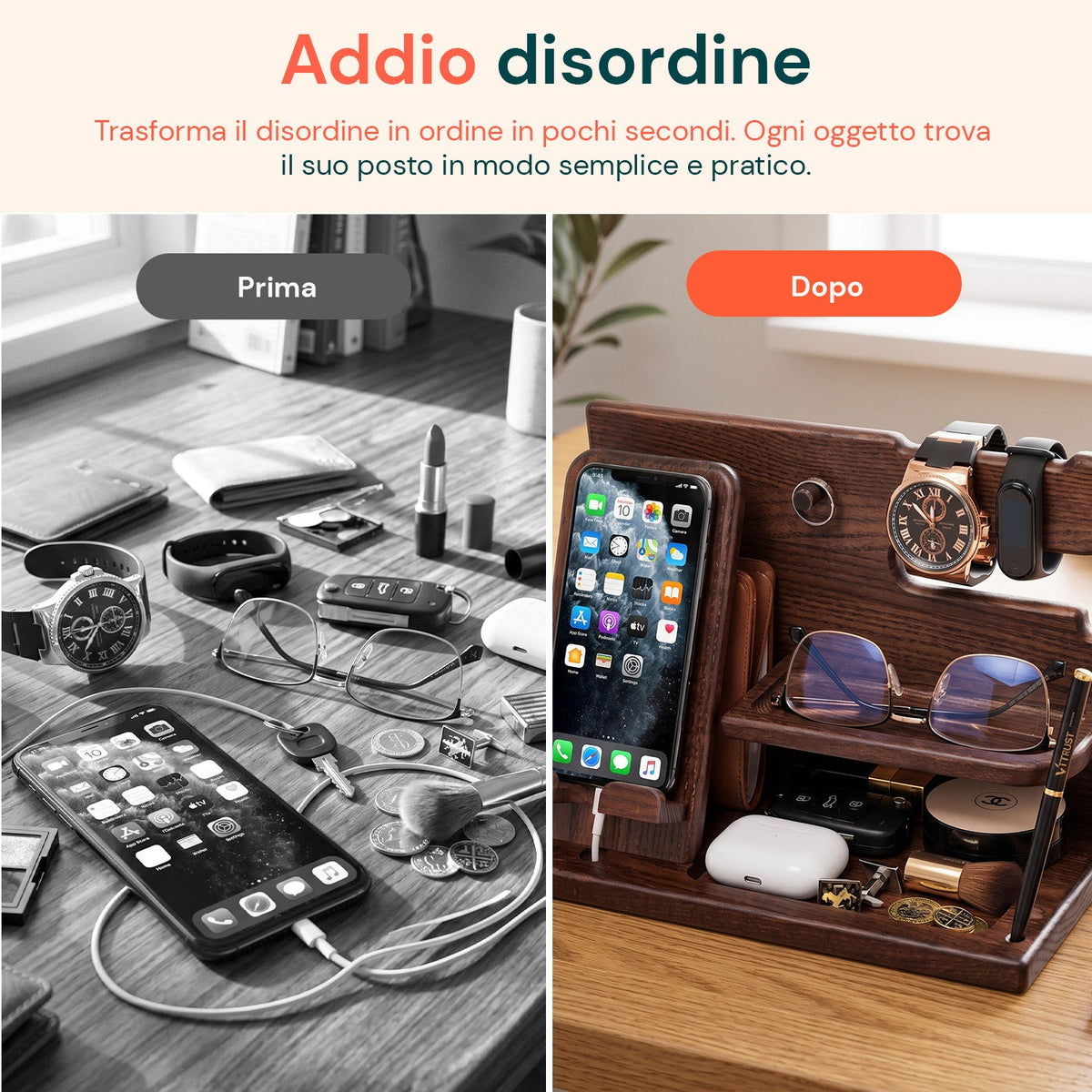 Organizer da Scrivania in Legno con Supporto Smartphone e Porta Orologi – Compreso di Alloggiamento per il Cavo di Ricarica – 25,5x15x18,5 cm