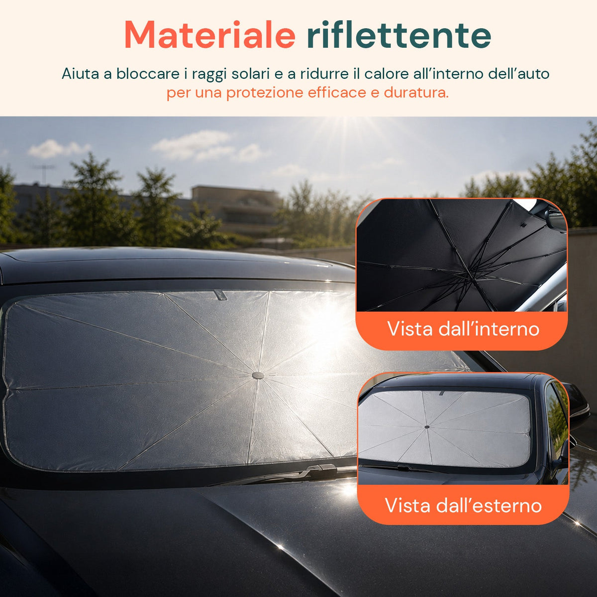 Parasole per Auto a Ombrello – Protezione Raggi UV Universale – Dimensioni 140x80cm – Struttura a 10 Aste in Ferro e Tessuto 170T – Pieghevole con Custodia Salvaspazio – Raffresca Abitacolo