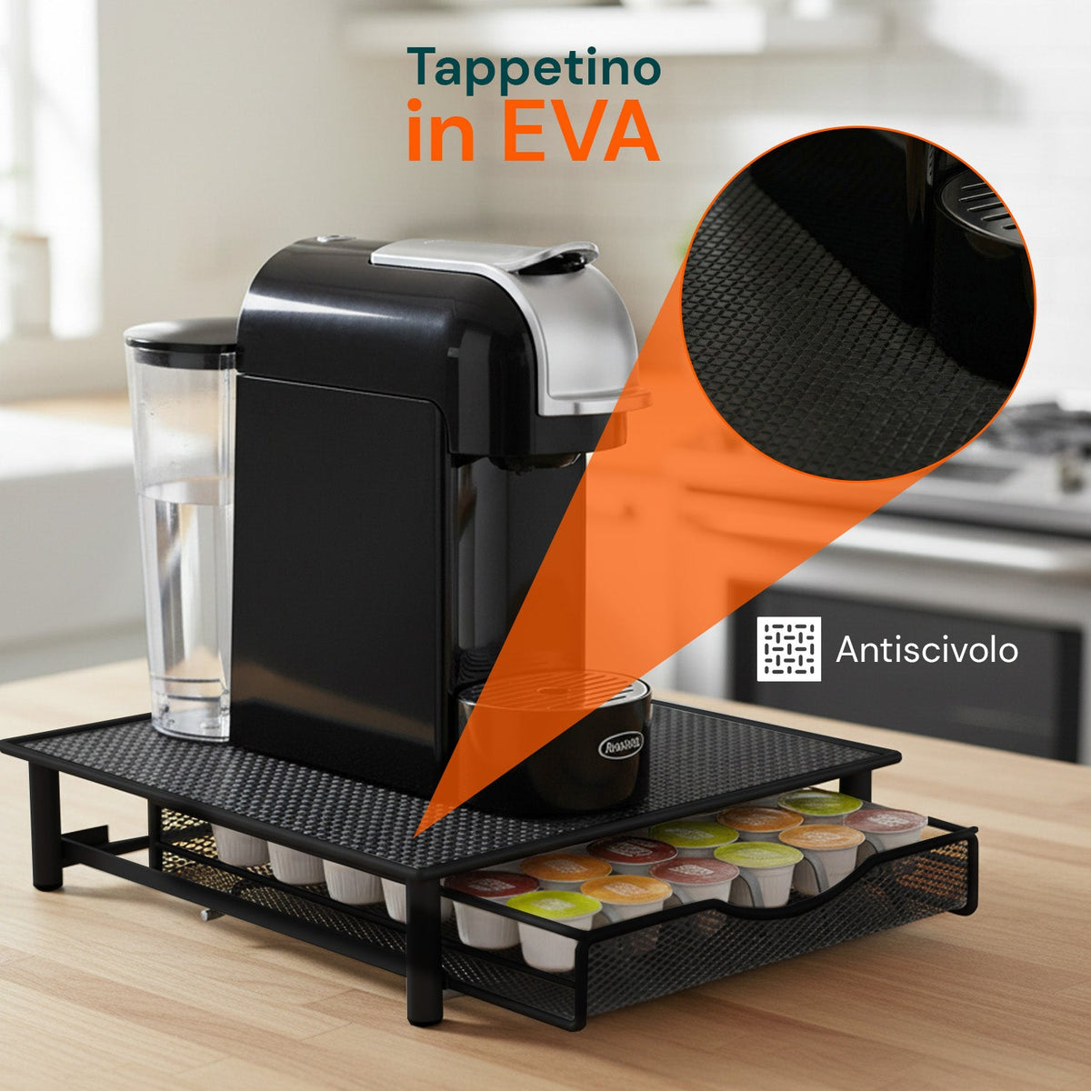 Porta Capsule Caffè 36 Posti con Cassetto Estraibile in Metallo e Base Antiscivolo