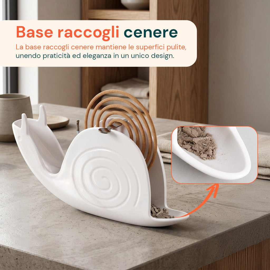 Porta Zampirone a forma di Lumaca – Supporto per Spirali Antizanzare in ABS Ignifugo – Con Base Raccogli Cenere – Design Universale Riutilizzabile – Dimensioni 18x3,2x7,5cm