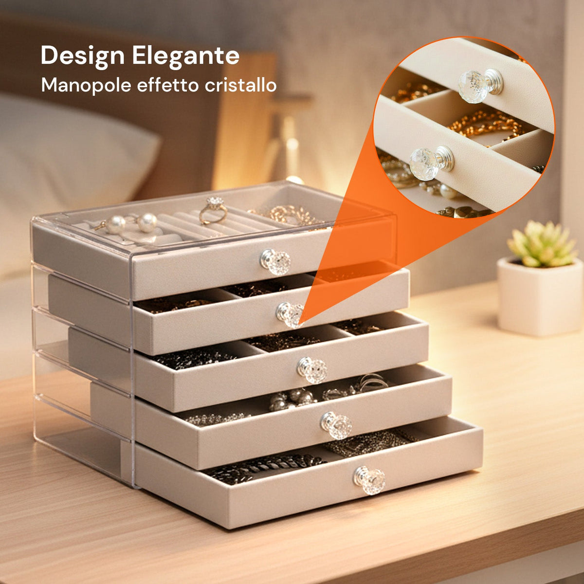 Scatola Portagioie 5 Cassetti Organizer Gioielli con Scomparti Multimisura
