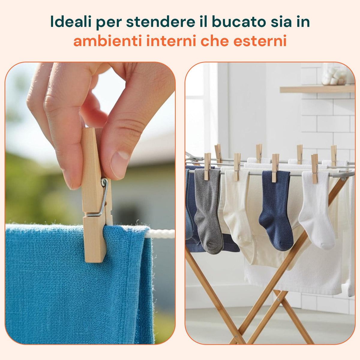 Set 100 Mollette in Legno Multiuso con Molla in Acciaio