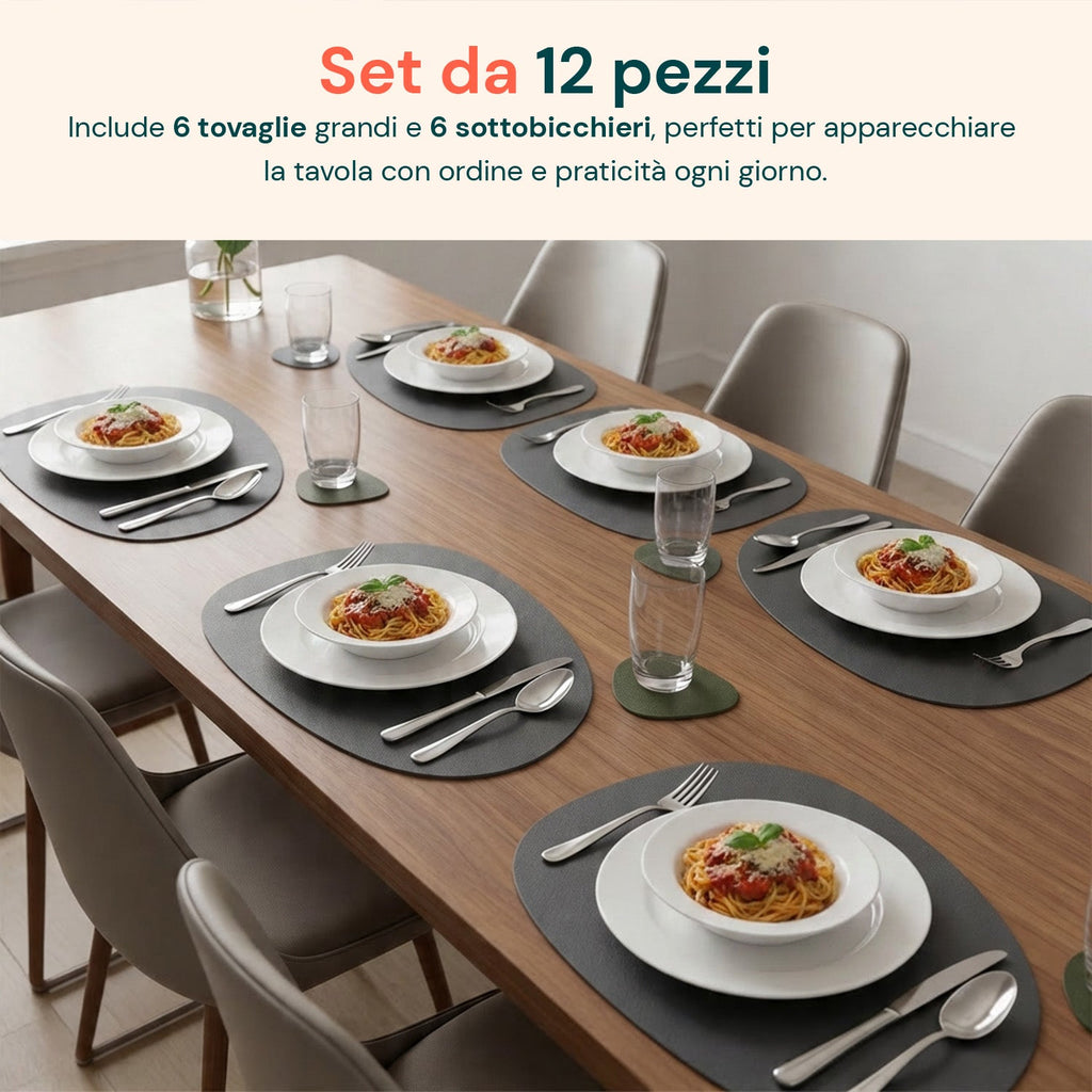 Set da 12 Pezzi di Tovagliette Americane e Sottobicchieri Reversibili in Similpelle PVC Impermeabile e Antiscivolo - 41x34 cm