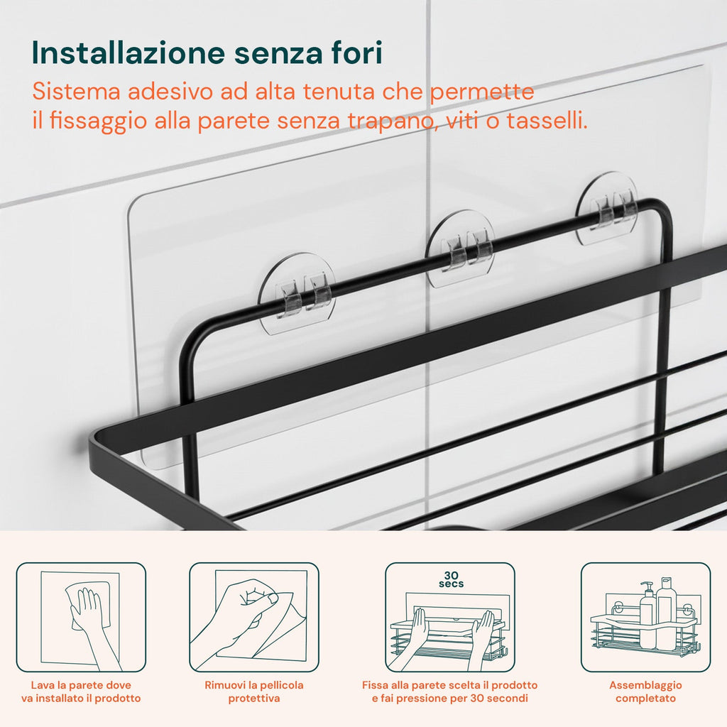 Set di 2 mensole adesive da parete in acciaio nero per bagno e cucina