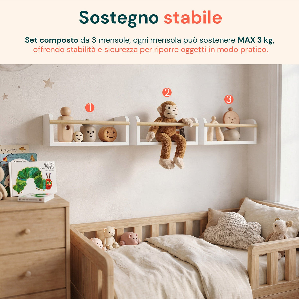 Set di 3 mensole da parete multiuso in legno resistente 40x12 cm - Portata 3 kg
