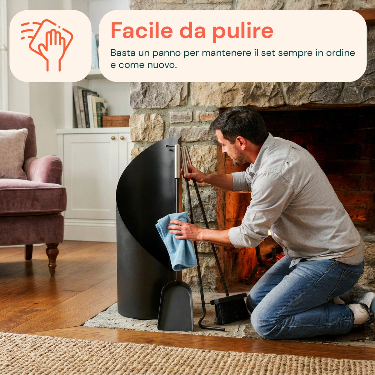 Set 4 Accessori per Camino in Ferro: Paletta, Scopino, Attizzatoio e Supporto – Resistente al Calore e con Ganci Interni