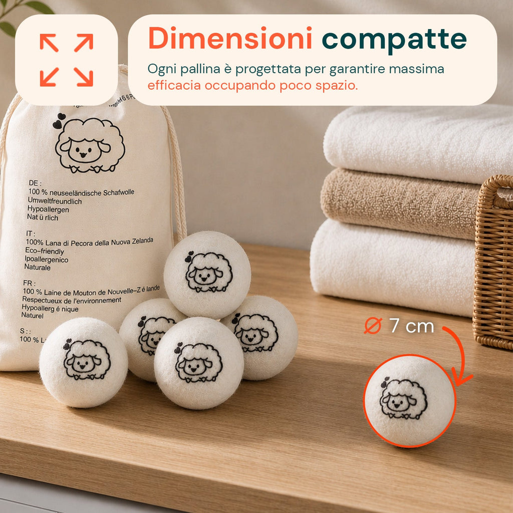 Set di 6 palline di lana per asciugatrice riutilizzabili - Diametro 7 cm