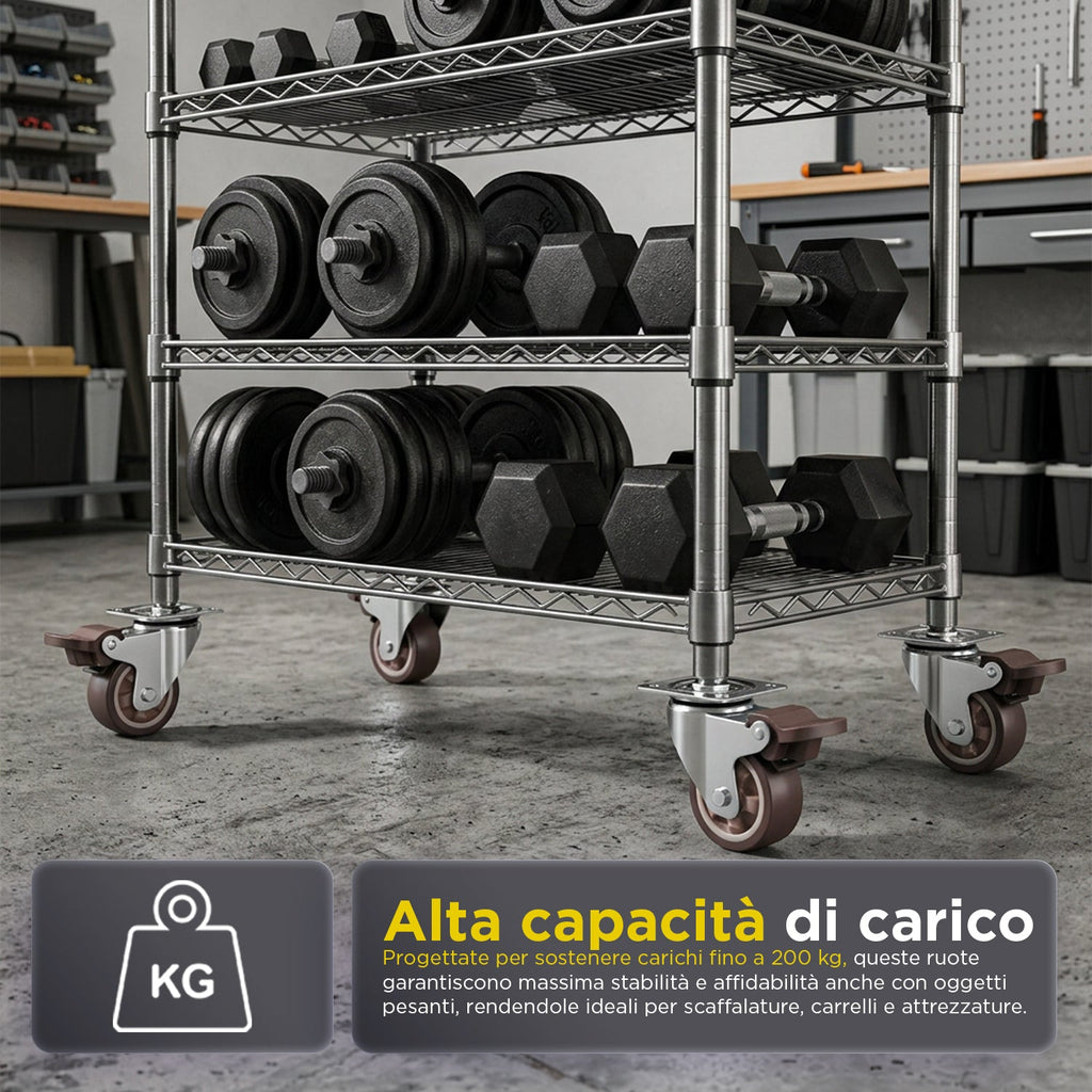 Set 4 Ruote Universali Piroettanti da 50 mm in Gomma e Acciaio – Portata 200 kg – Kit Completo con Viti e Cacciavite