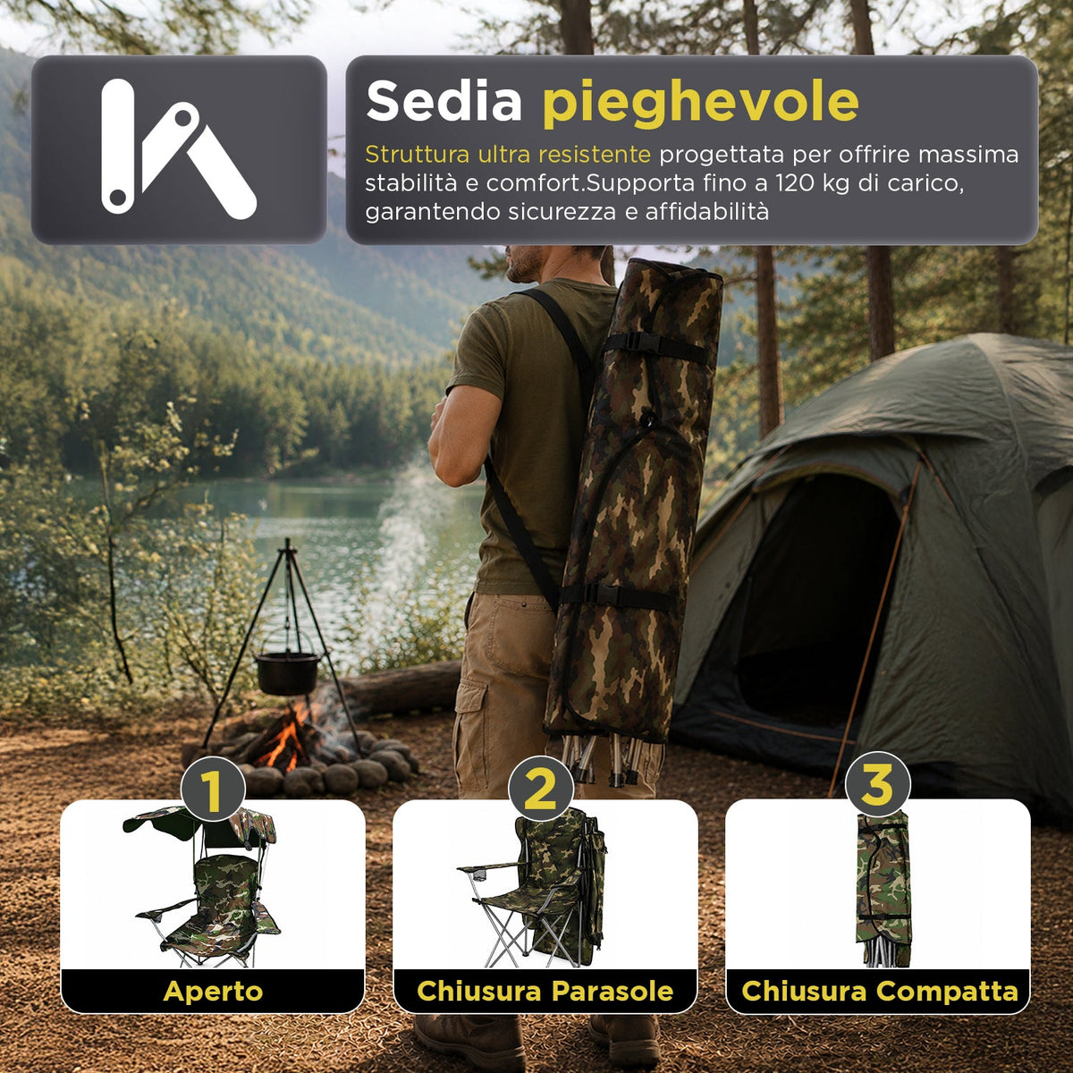 Sedia da Campeggio Pieghevole con Tettuccio Parasole – Struttura in Acciaio al Carbonio Portata 120kg – Tessuto Oxford Resistente – Dimensioni 53x77x130cm – Salvaspazio con Custodia