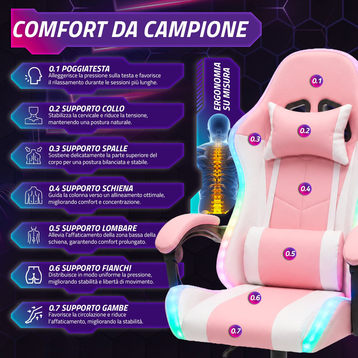 Sedia Gaming Ergonomica con Luci RGB e Cuscino Lombare Massaggiante, Poltrona Ufficio Reclinabile con Telecomando