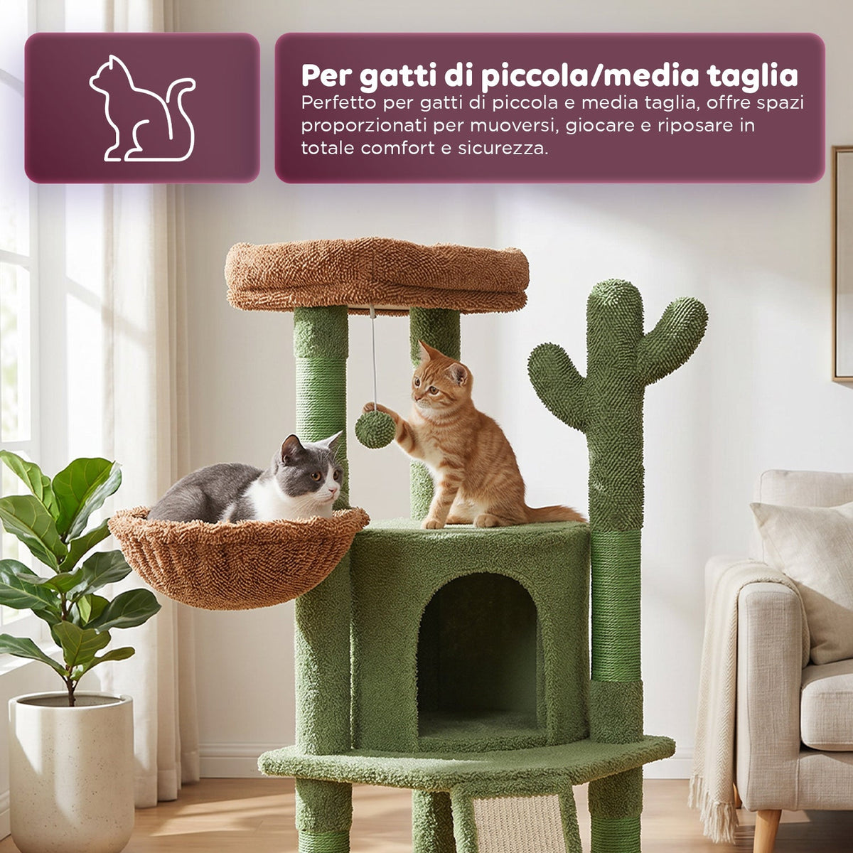 Tiragraffi per Gatti a Forma di Cactus 106,5 cm - in Sisal Naturale con Casetta, Cuccia a Cestino e Pallina Gioco