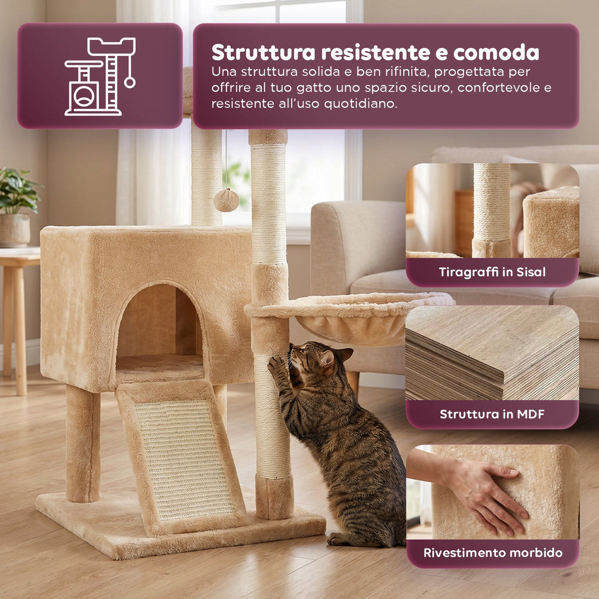 Albero Tiragraffi Multilivello per Gatti h 87 cm in Sisal con Amaca, Piattaforme e Gioco a Pallina - 45x40 cm
