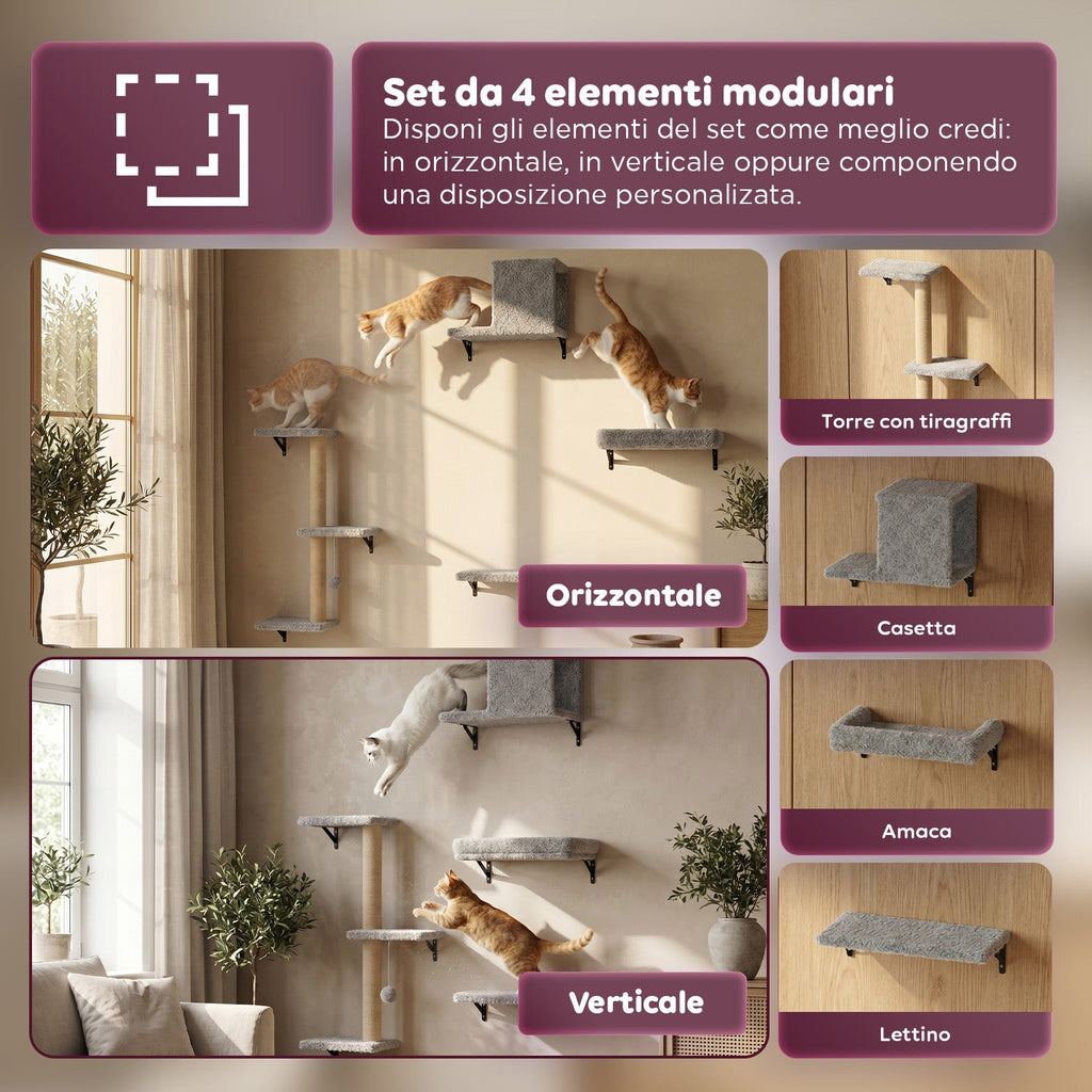 Parco Giochi Verticale da Parete per Gatti - in Legno Multistrato e Sisal Naturale