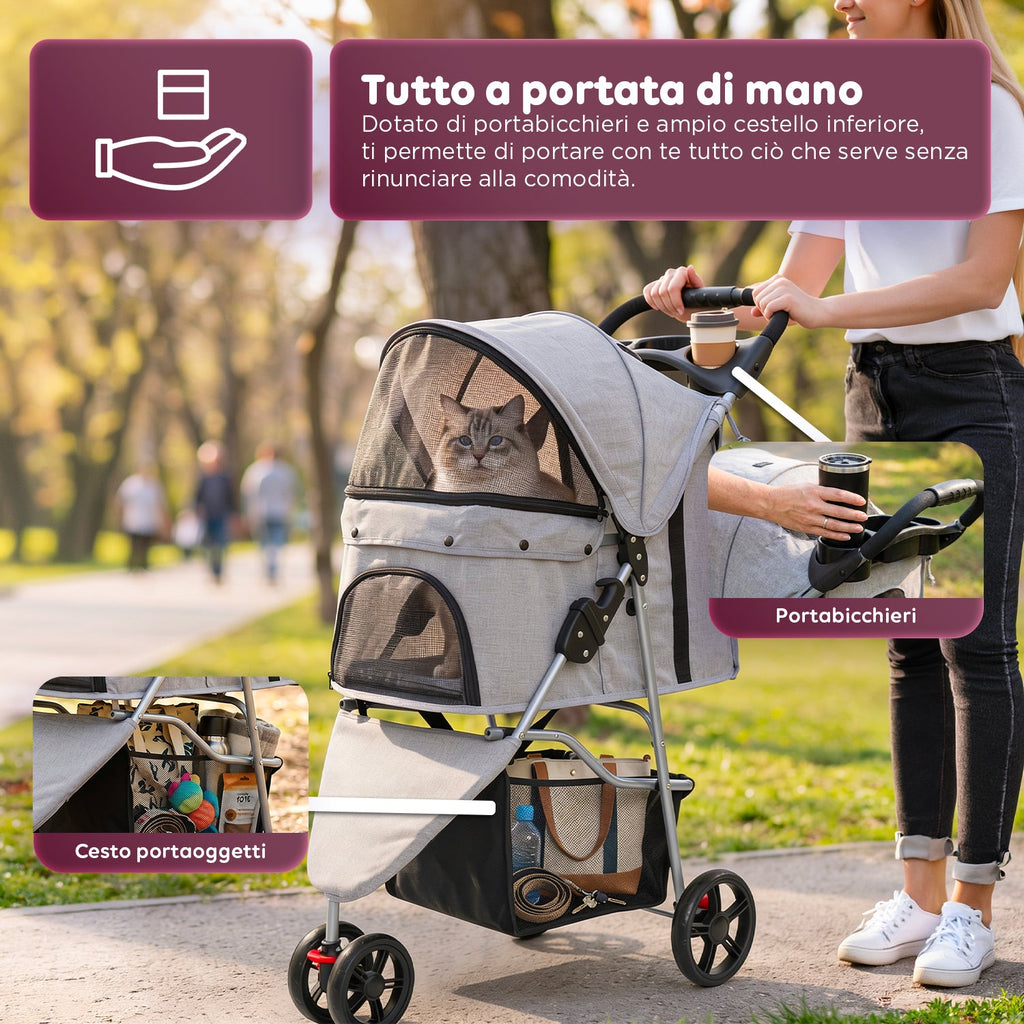 Passeggino per Cani e Gatti Pieghevole Portata 15kg con Cabina Trasparente - in Acciaio e Tessuto Oxford con Portabicchieri e Cestello