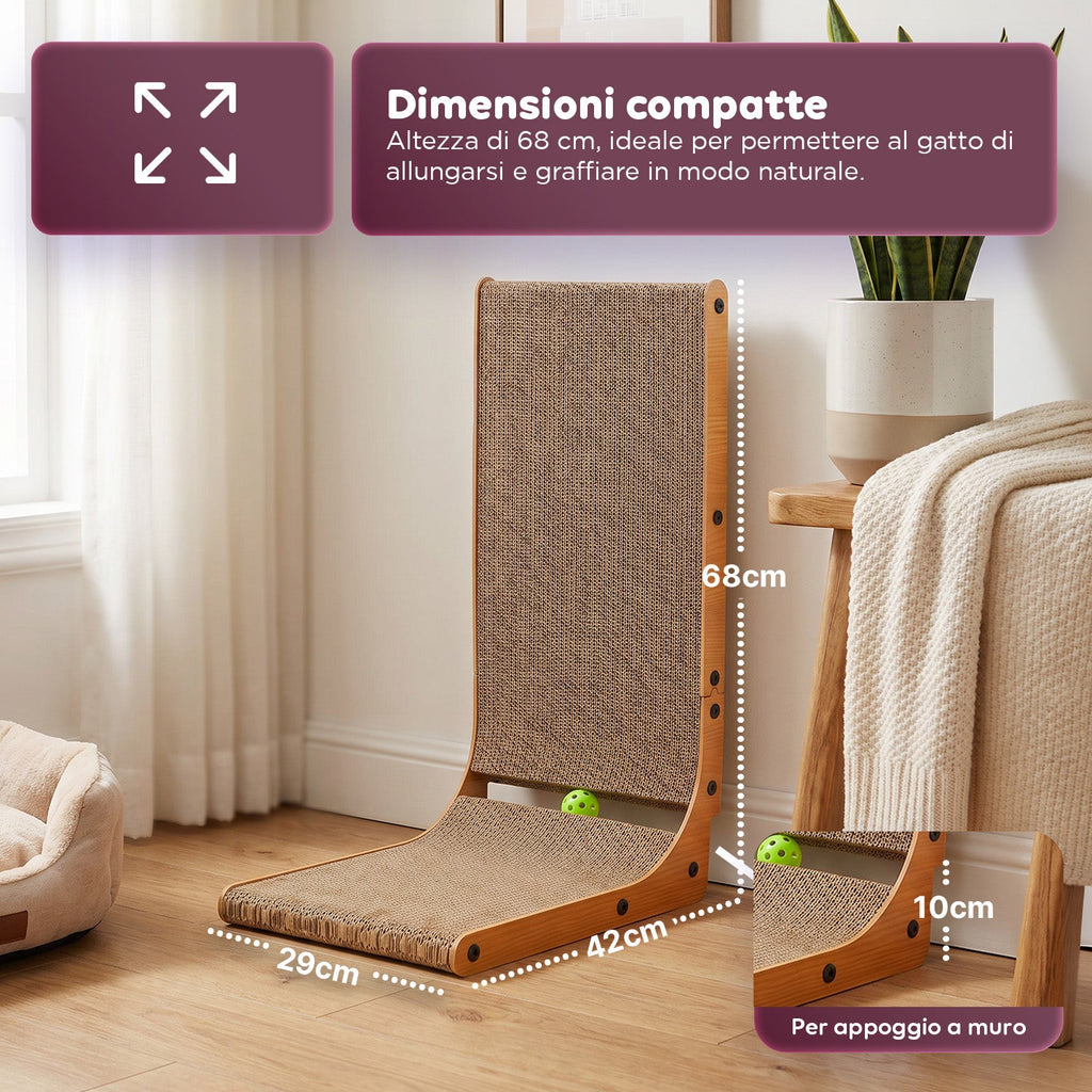Tiragraffi per Gatti a Forma di L Altezza 68 cm in Carta Ondulata Resistente e Legno MDF – con Gioco a Pallina Integrato