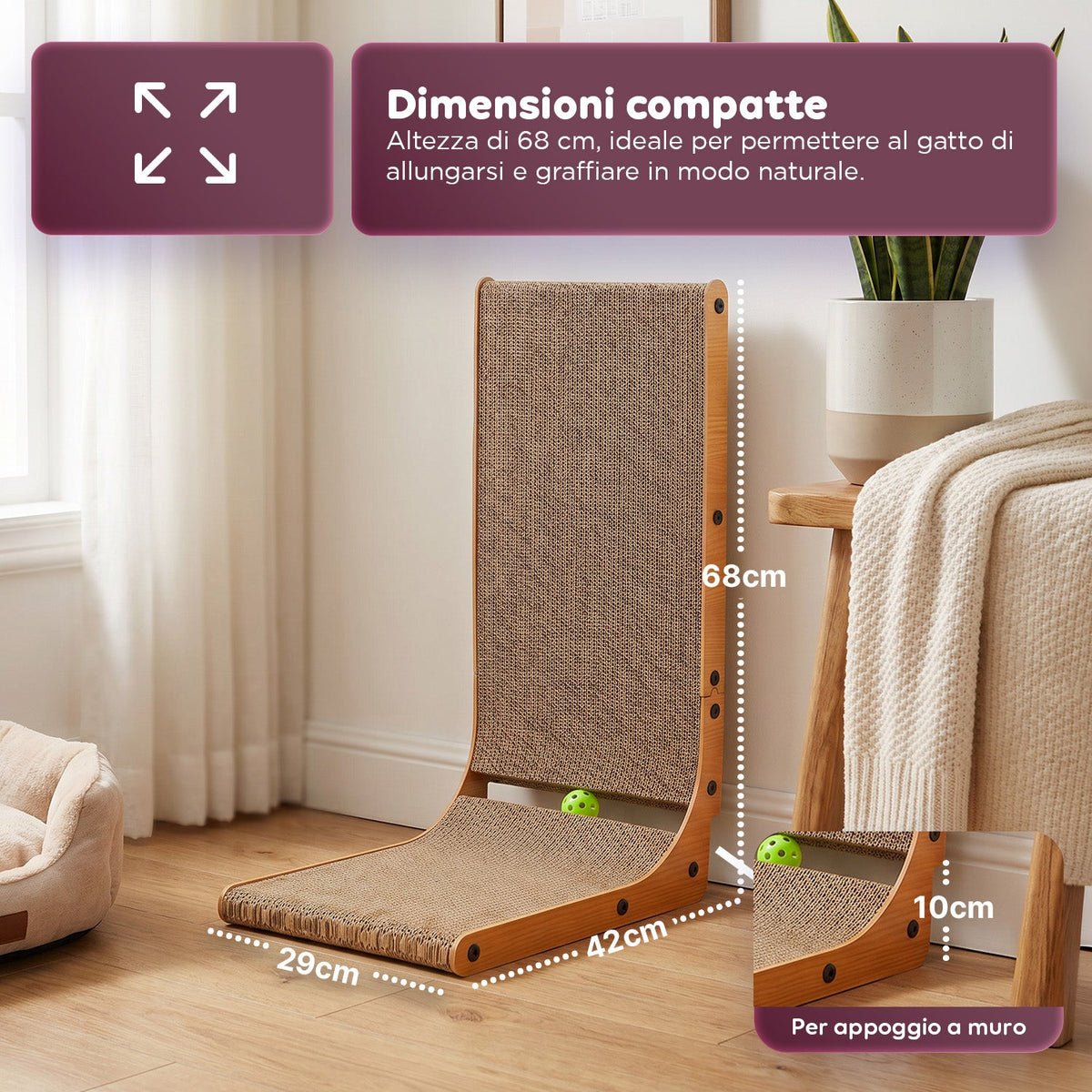 Tiragraffi per Gatti a Forma di L Altezza 68 cm in Carta Ondulata Resistente e Legno MDF – con Gioco a Pallina Integrato