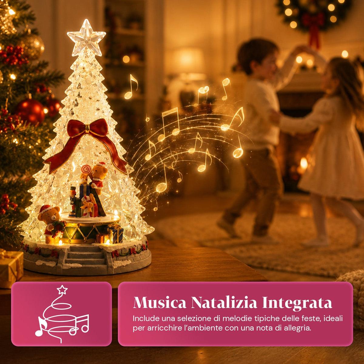 Albero di Natale luminoso JoyTree con musica e animazione a 360°, luci LED, scena con orsetti e schiaccianoci, doppia alimentazione USB, 32,5 cm