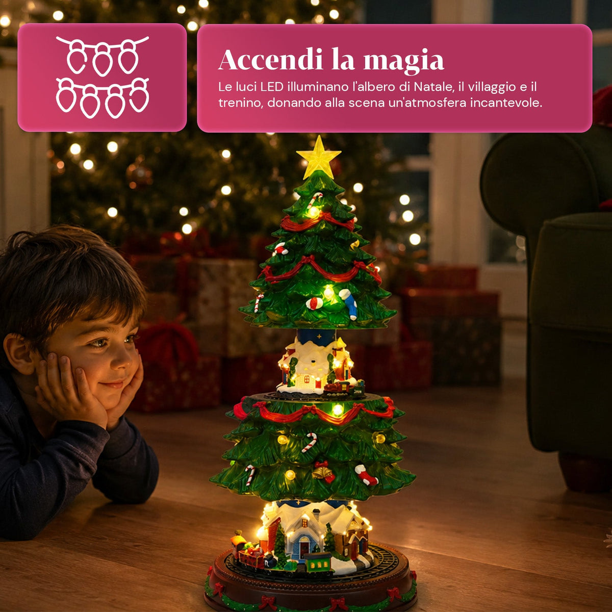 Albero di Natale Luminoso SpinPine 45,5 cm con Villaggio e Trenino Rotante, Luci LED Bianco Caldo, Musica Natalizia, Alimentazione USB o a Batterie