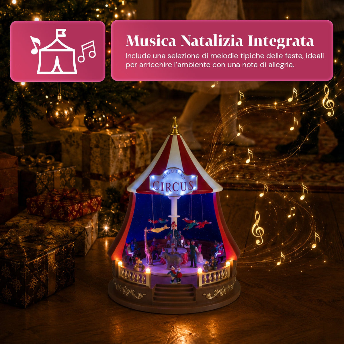 Carillon Natalizio Animato CircoJoy con Luci LED e Musica, Tendone Circo Ø34 x A44 cm in Plastica, Scena Rotante, Alimentazione USB o a Batterie