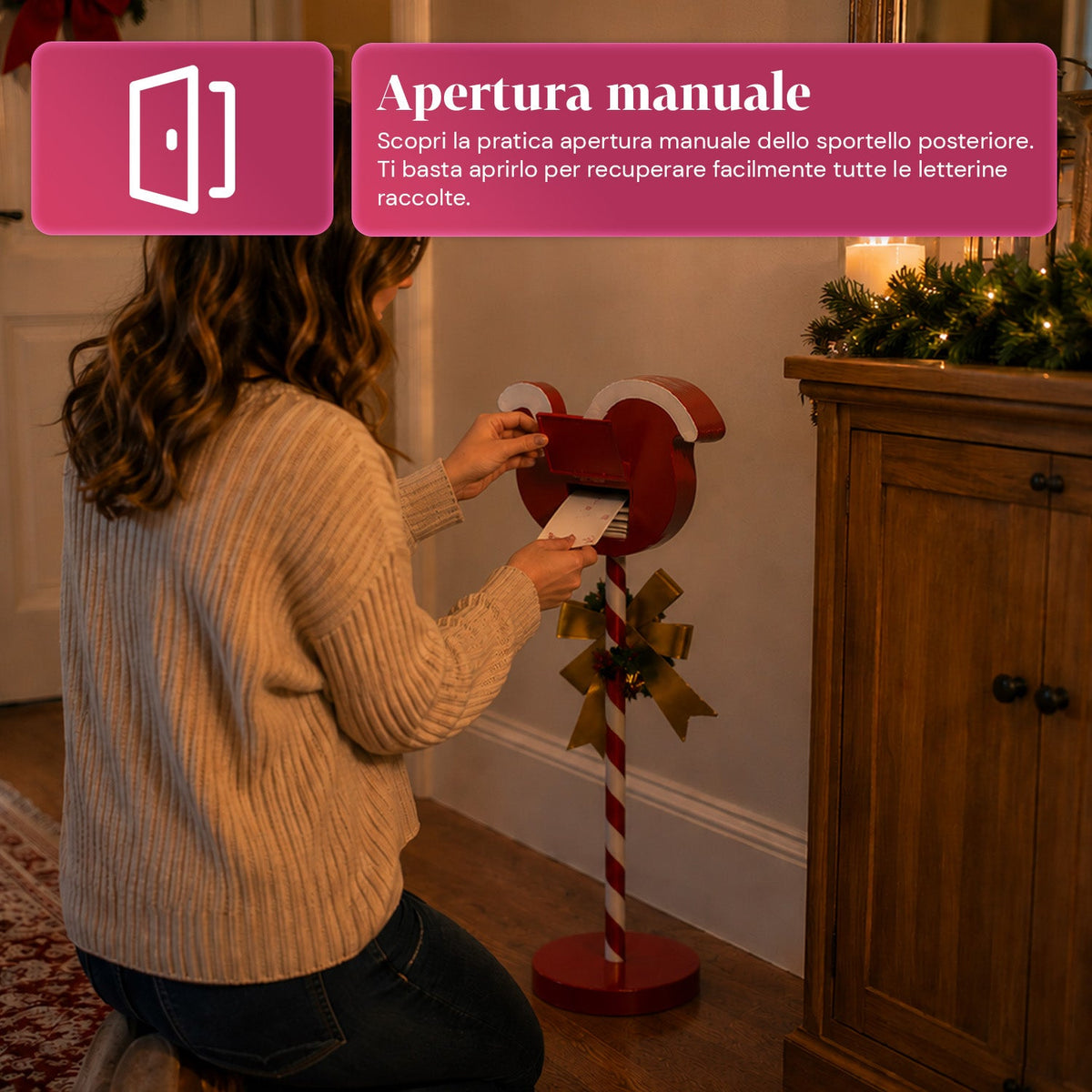 FlyPost, cassetta per lettere natalizia a forma di slitta, in metallo, dimensioni 23x14x50 cm, grande capacità, fiocco dorato, base d'appoggio