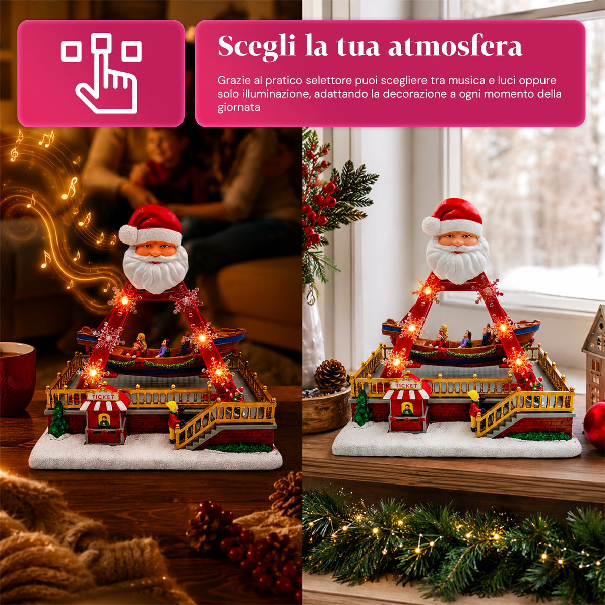 SantaSail 27 cm Christmas lighted carousel with moving boat, LED lights and Christmas melodies, light or light and music selector, USB or battery operated