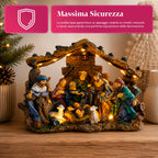 HolyGlow Presepe Natività in Poliresina con Luci LED e Interruttore ON/OFF, Capanna Rustica e Base Stabile, 23x11,5x17 cm