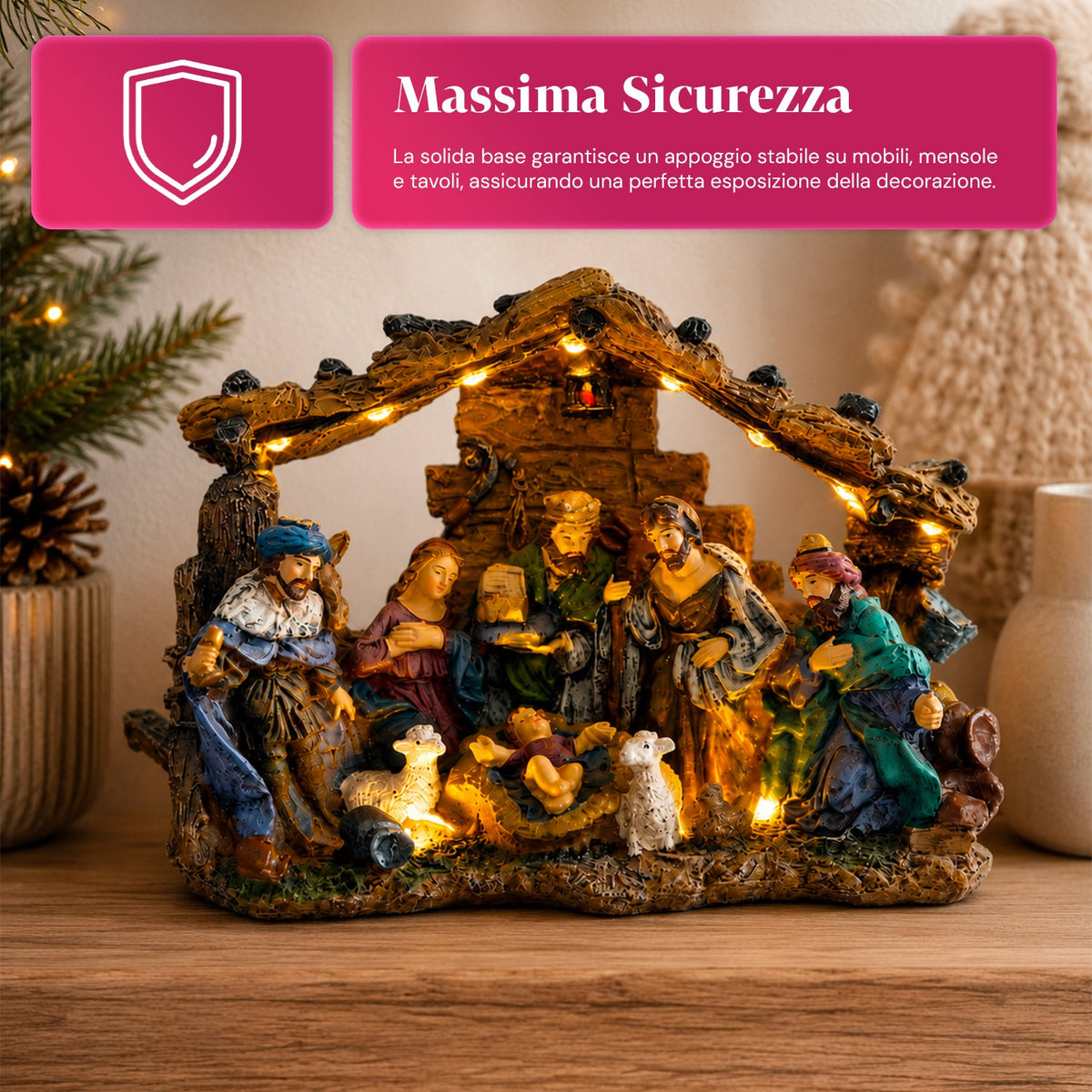 HolyGlow Presepe Natività in Poliresina con Luci LED e Interruttore ON/OFF, Capanna Rustica e Base Stabile, 23x11,5x17 cm