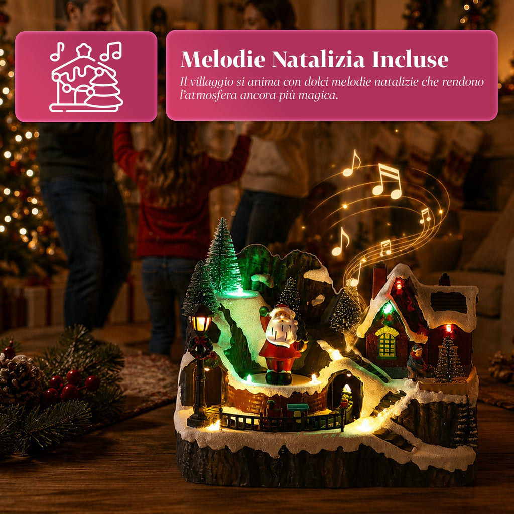 LitVille Villaggio di Natale Illuminato a LED con Trenino in Movimento e Babbo Natale Rotante, 8 Melodie Natalizie, 23x15x18 cm, a Batteria