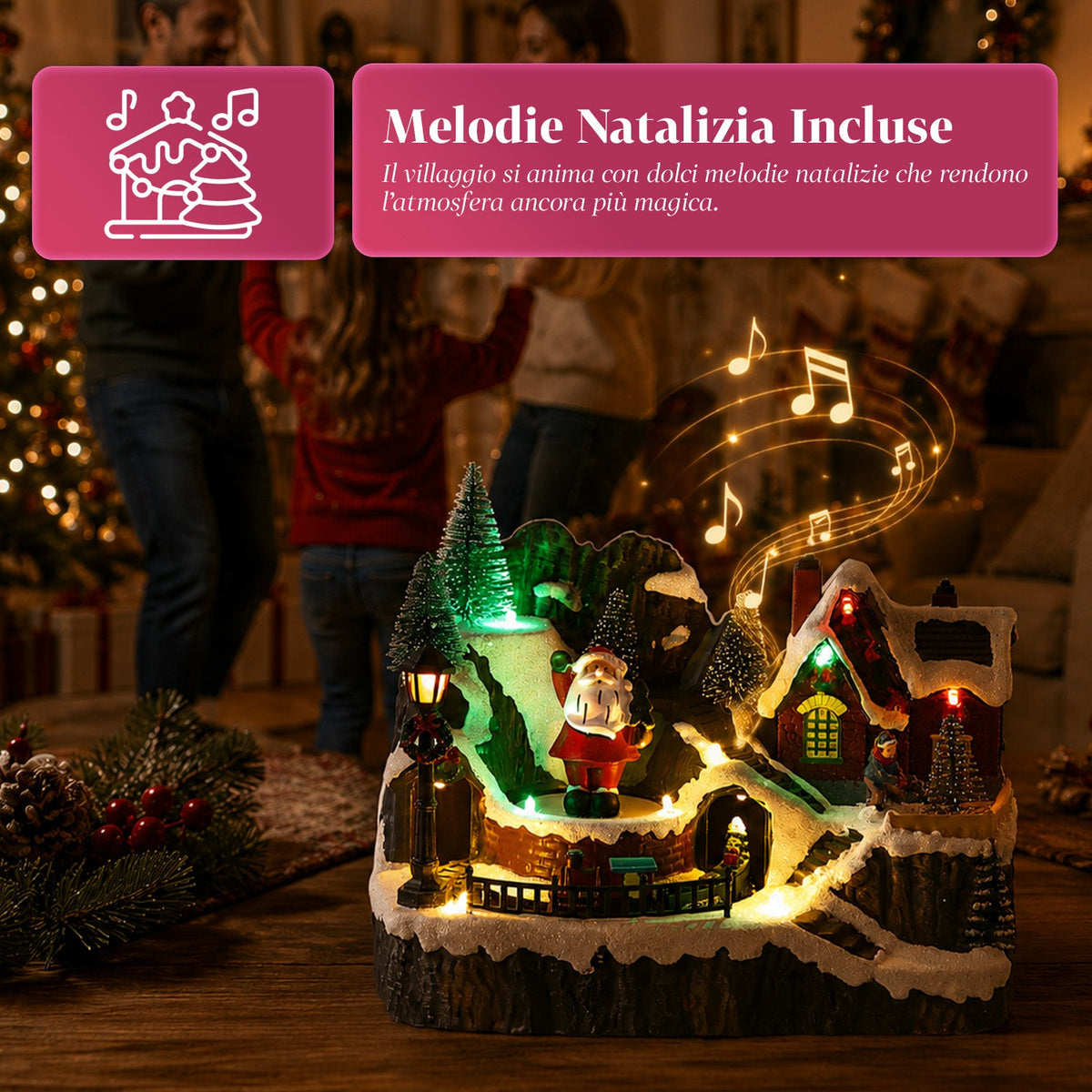 LitVille Villaggio di Natale Illuminato a LED con Trenino in Movimento e Babbo Natale Rotante, 8 Melodie Natalizie, 23x15x18 cm, a Batteria