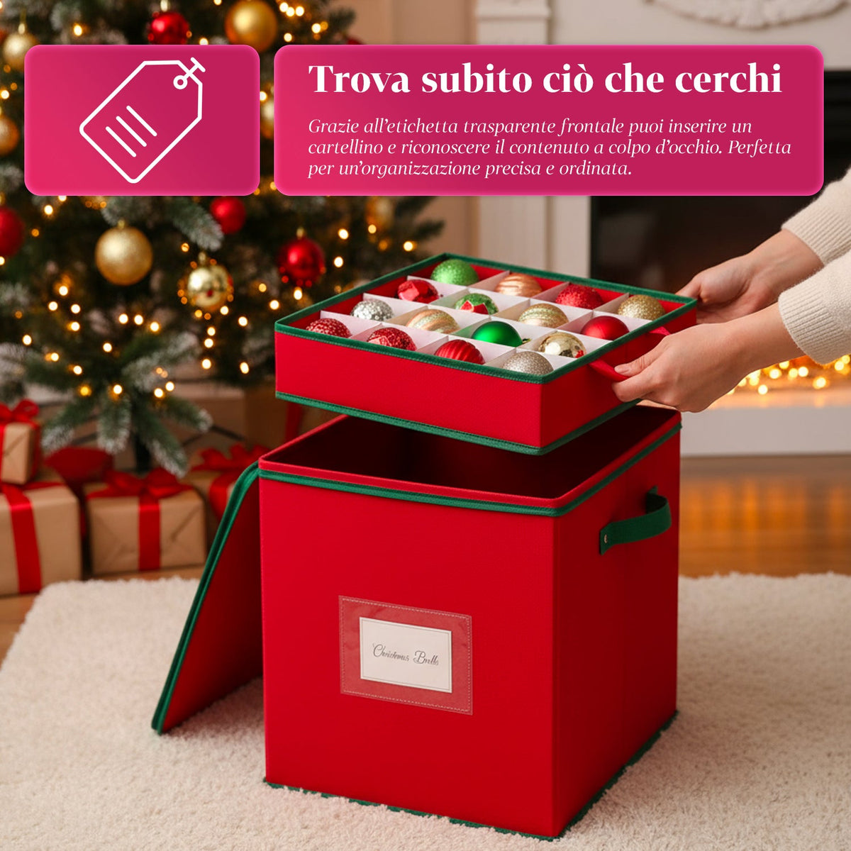Organizer per 64 Palline di Natale in Tessuto Oxford e TNT con Coperchio e Manici
