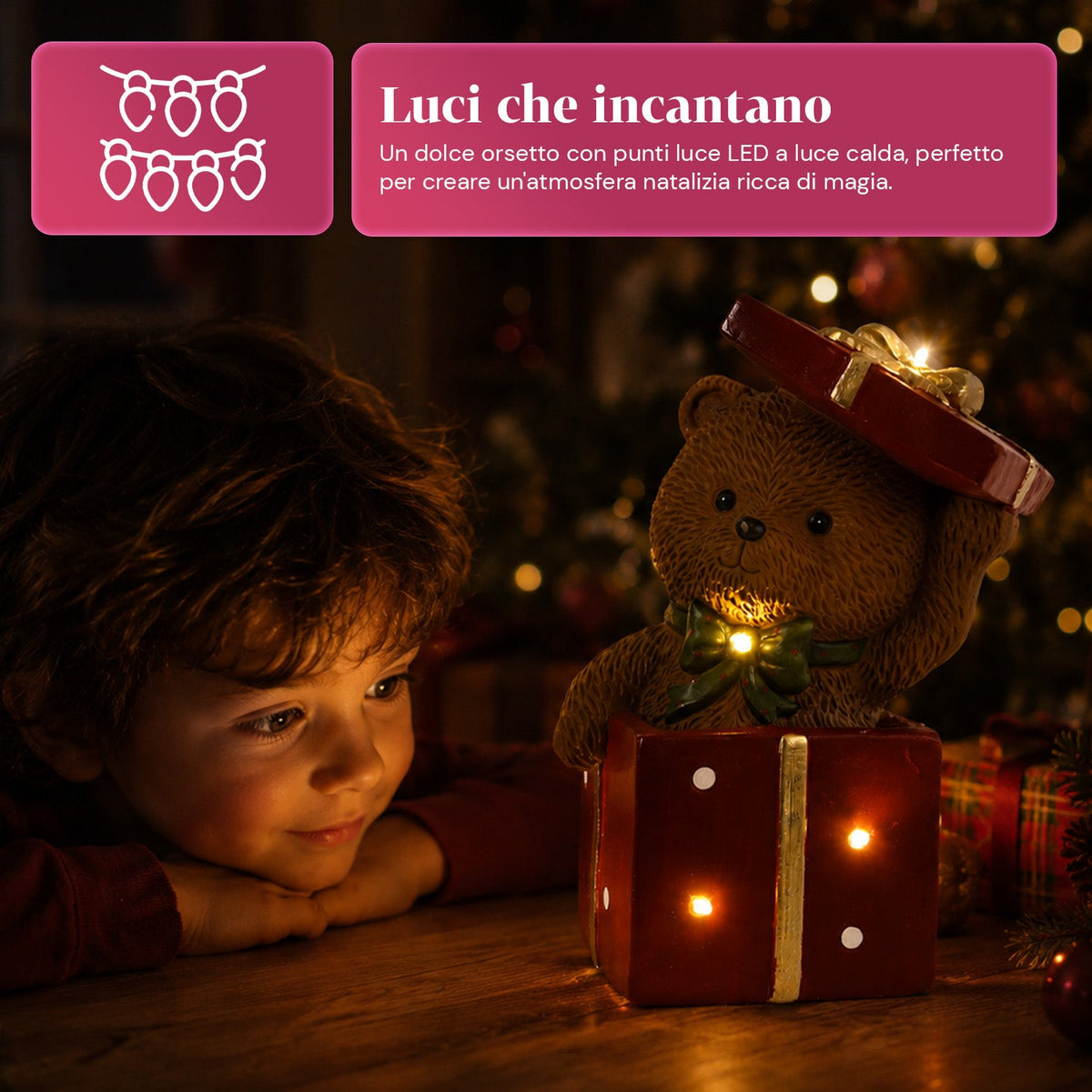 Orsetto natalizio in poliresina con pacco regalo, 2 varianti, luci LED a punti, alimentazione a batterie, finiture curate, base stabile