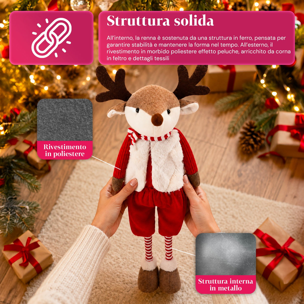 Renna Natalizia Estensibile 45-80 cm con Gambe Telescopiche, Struttura in Ferro – 2 Outfit Scandinavo o Country