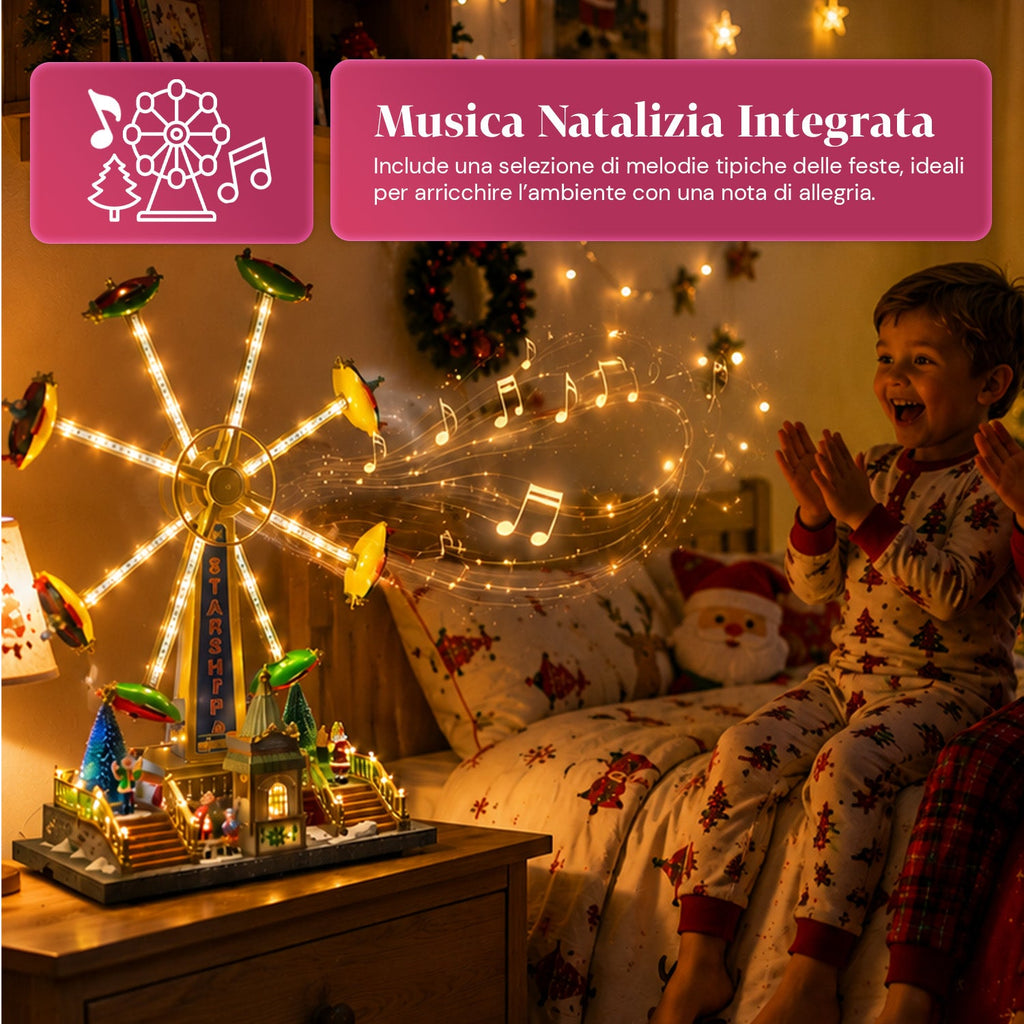 Ruota Panoramica Natalizia SkyWheel con Luci LED, Melodie e Doppia Rotazione, Villaggio con Biglietteria e Personaggi, 47,7 cm