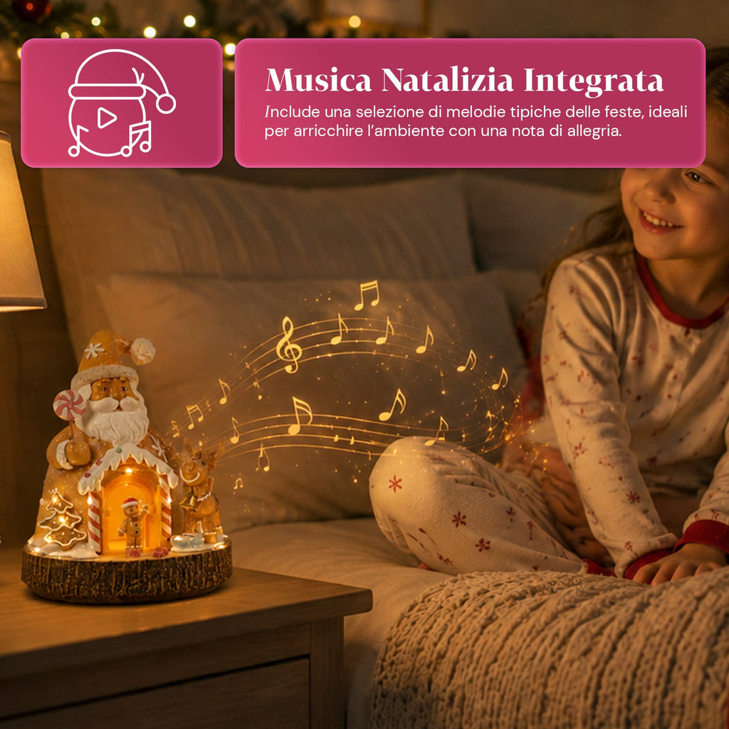 Babbo Natale Pan di Zenzero - Decorazione Natalizia Babbo Natale Pan di Zenzero con Luci LED, Musica e Porta Apribile, Casetta Luminosa in Resina 20,6 cm