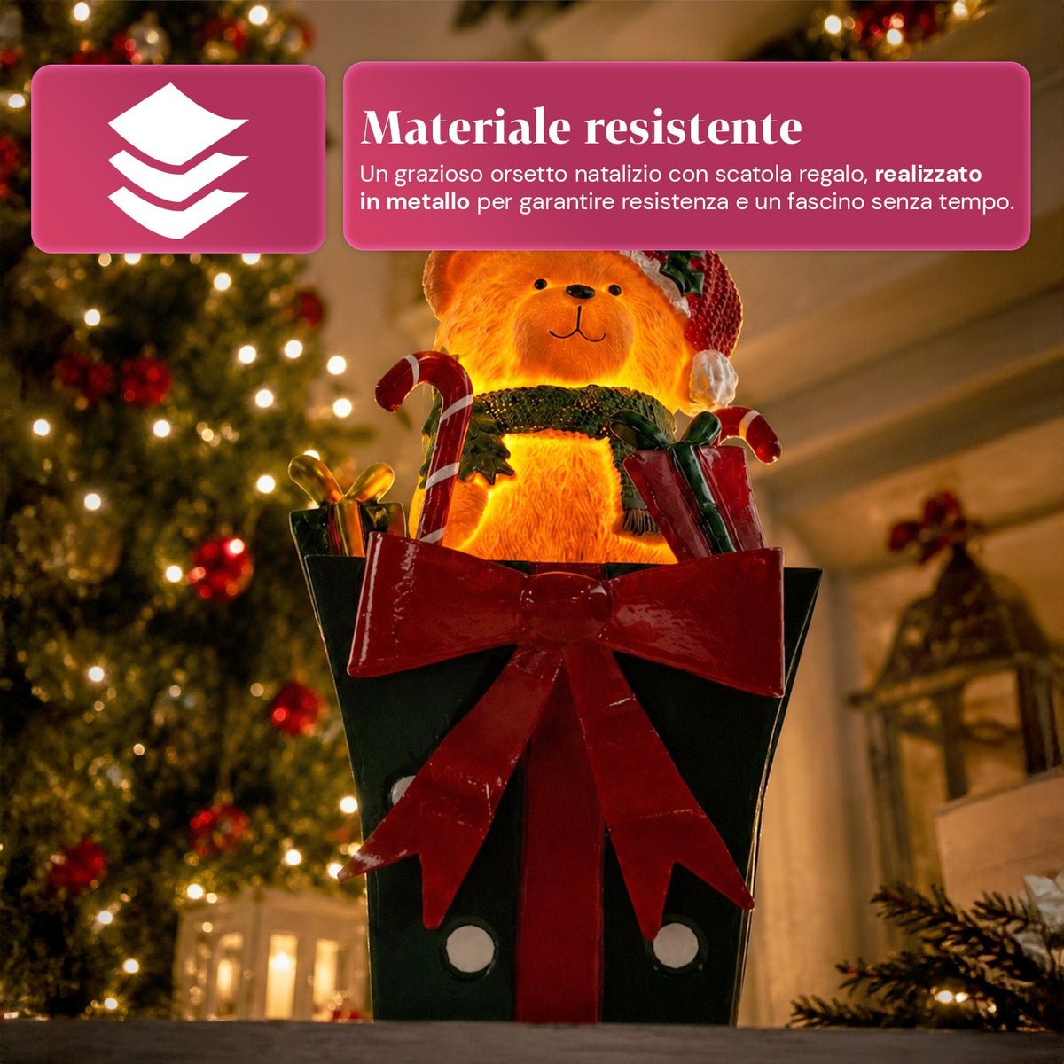 Teddy BearGift, orsetto natalizio luminoso in confezione regalo, luce LED calda, dimensioni 15x15x25,5 cm, alimentazione a batterie