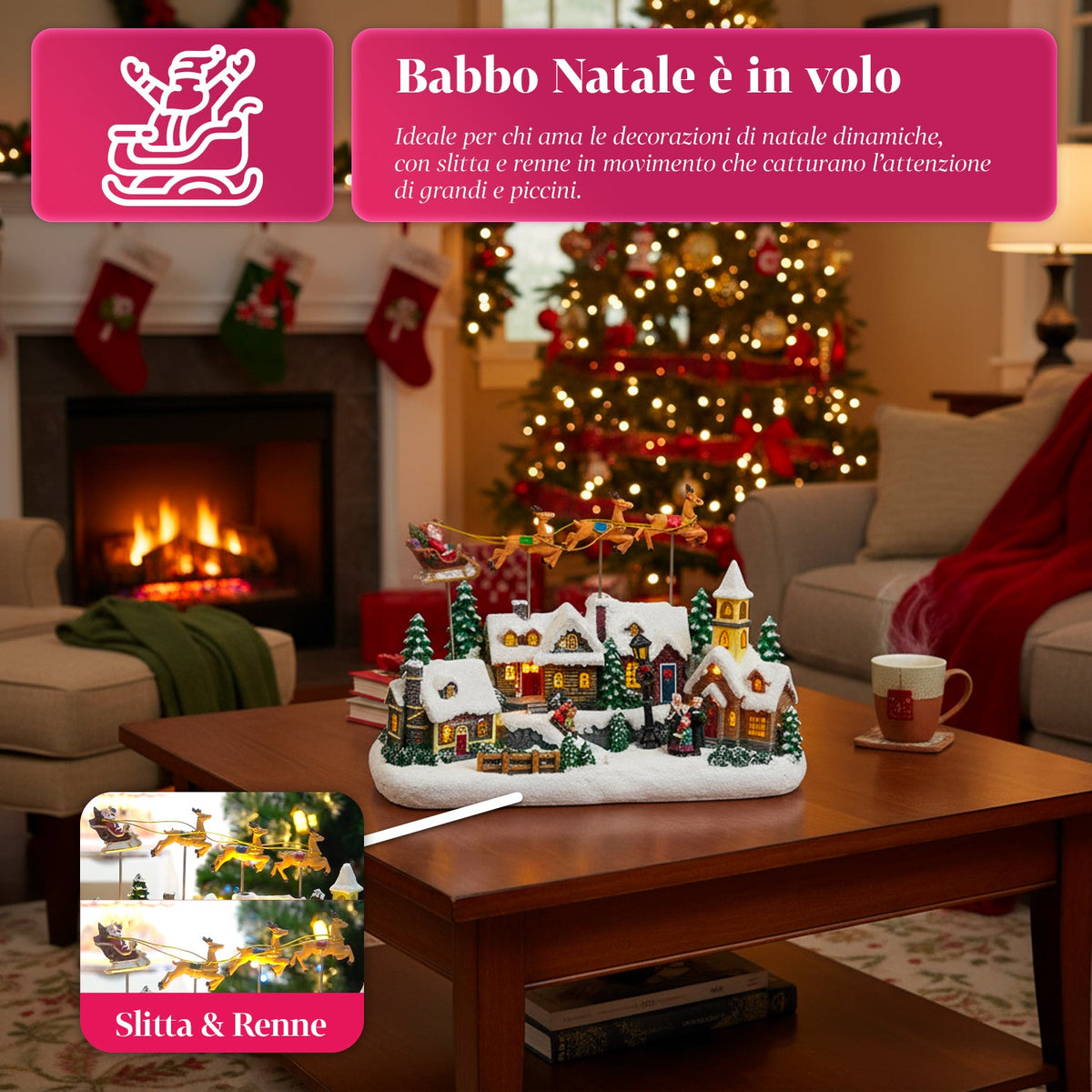 Villaggio di Natale Animato Frostvale con Luci LED, Musica e Slitta in Movimento