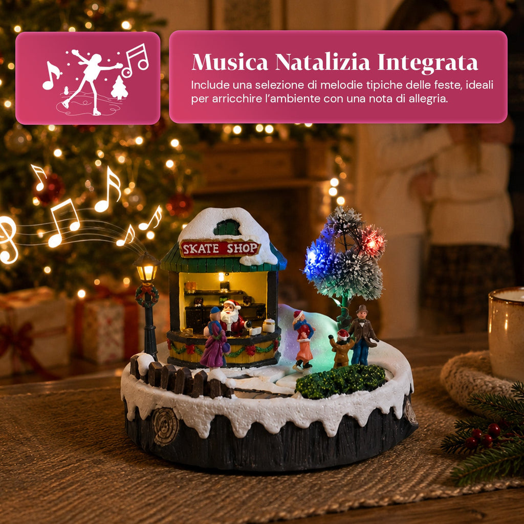 Villaggio di Natale luminoso GlideRink, pista di pattinaggio animata con musica e luci LED, decorazione in resina 20,8x20,7x17,2 cm, a batterie AA