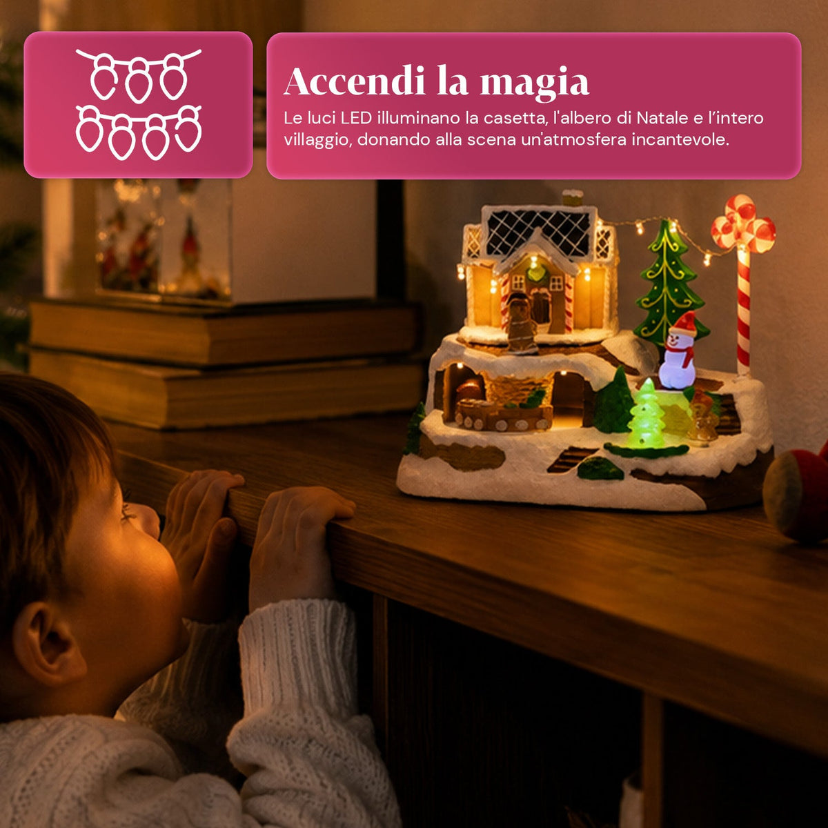 Villaggio Natalizio Luminoso Candy Town con Trenino in Movimento e 8 Melodie, Casetta Pan di Zenzero LED, Decorazione Natalizia 23,5 cm