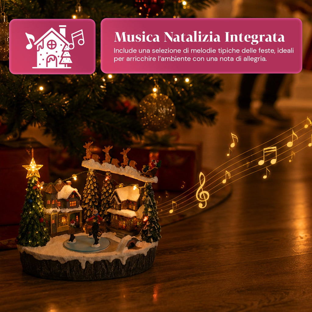 Villaggio Natalizio Luminoso Snowtime con Pista di Pattinaggio Animata, Luci LED e Musica, Slitta di Babbo Natale, Poliresina 21,5x15,8x22,5 cm