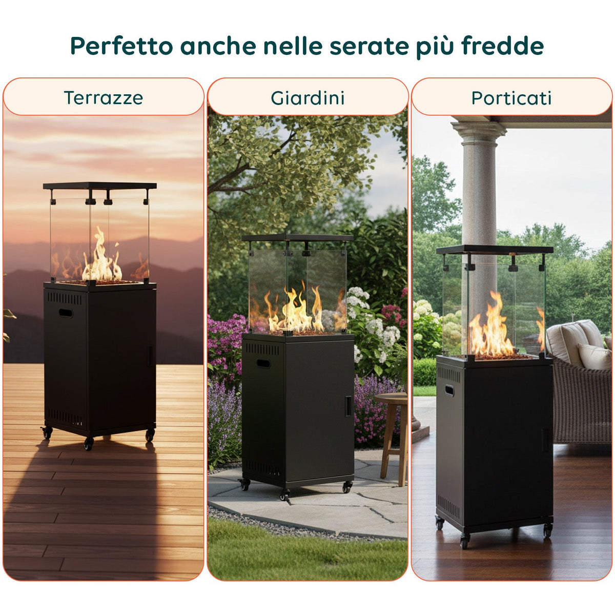 Caminetto a Gas da Esterno con Roccia Lavica e Ruote – 12kW